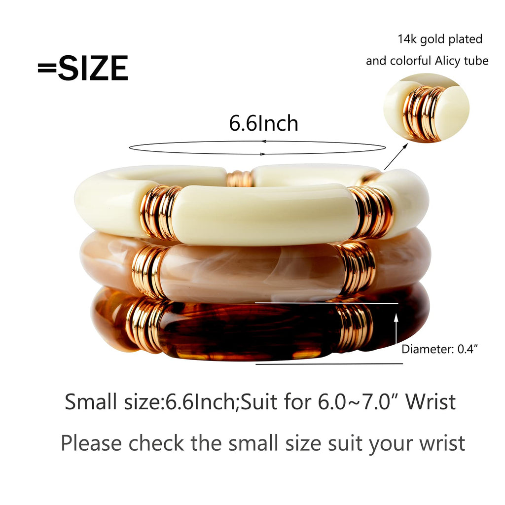 GOOJIDS Simple Beaded Gold Plated Bangles Bracelet Chunky Bamboo Tube Curved Stacking Acrylic Colorful Beads Stretchable Gold Plated Bracelets Set For Women