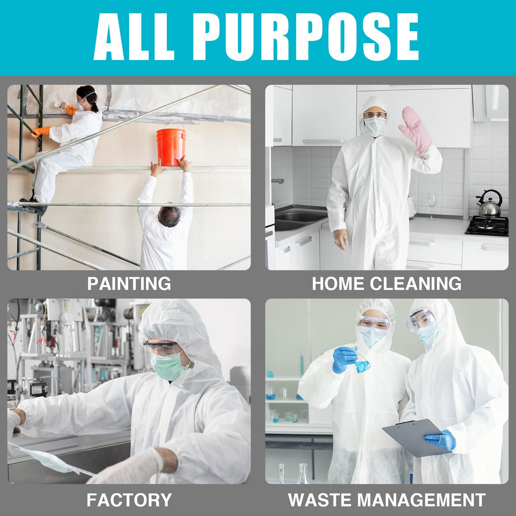 FURWEY Hazmat Suits 10 Pack Disposable Protective Coveralls, Heavy Duty Full Body Painters Suit for Men & Women with Elastic Wrists, Ankles and Hood, Available in 4 sizes-Large