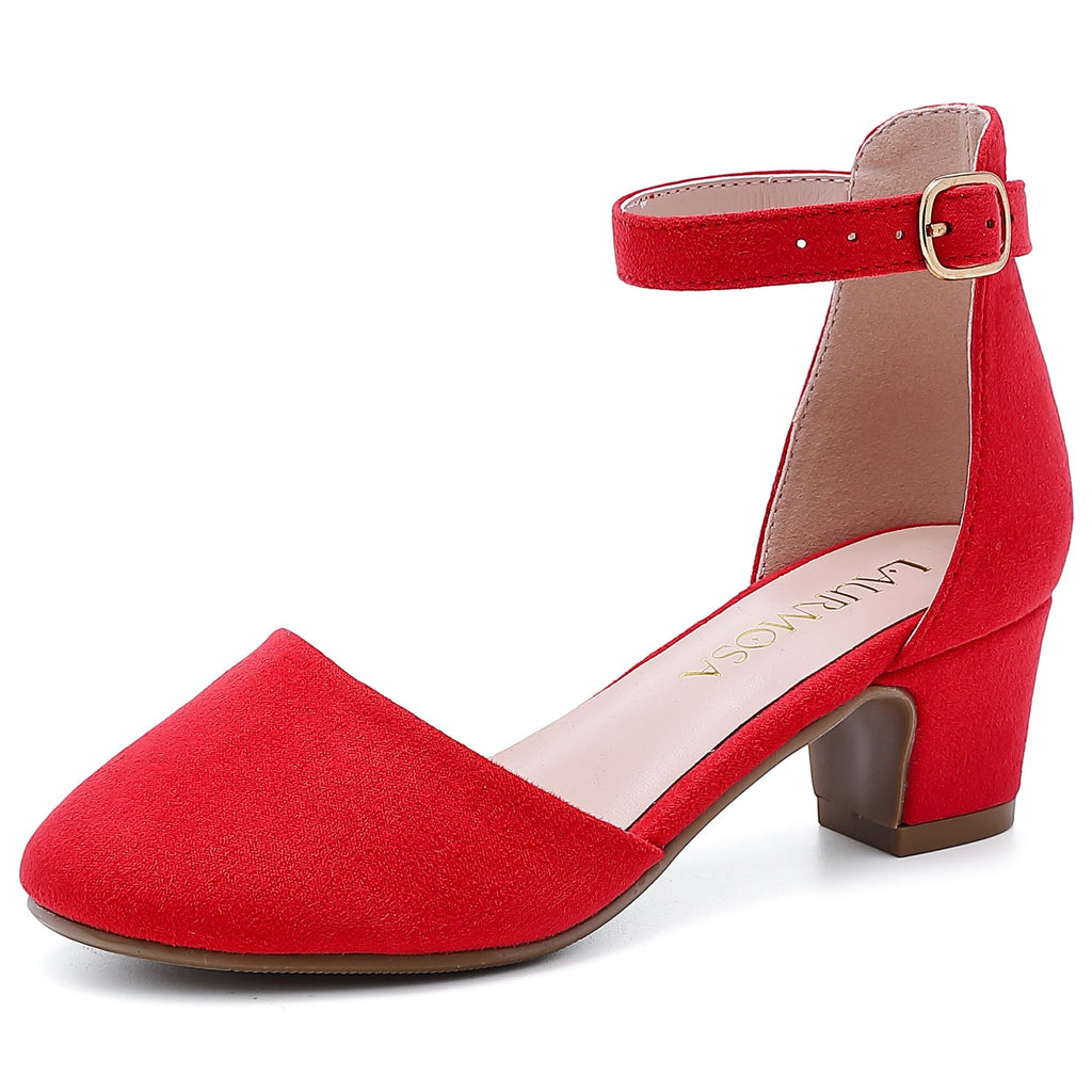 LAURMOSA Heels for Girls Closed Toe Red Dress Shoes Low Heel Block Pumps Platform Shoes Dorothy Halloween Christmas Party High Heel Chunky Wedding for Toddler Little Big Kids(L1012Red 4)