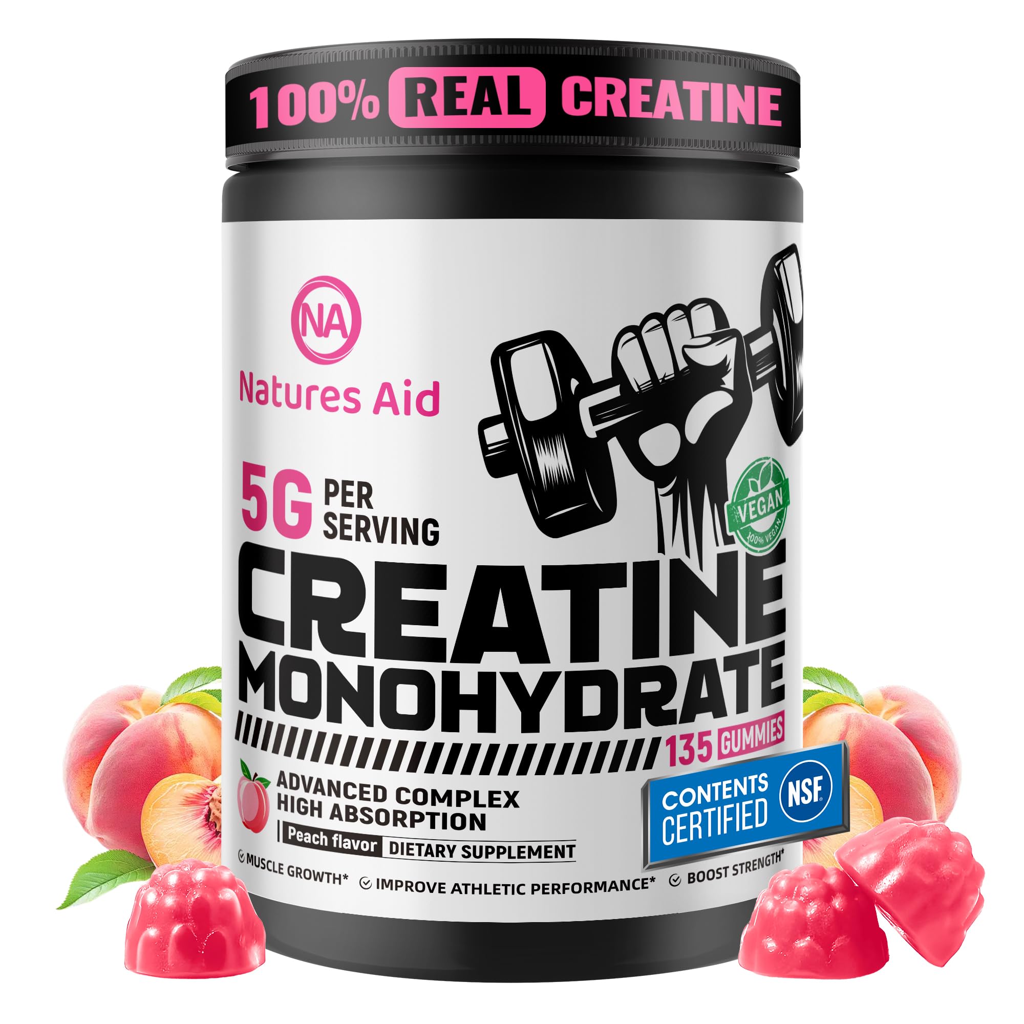 Natures Aid NSF Certified Creatine Gummy 5g - Creatine Monohydrate Gummies – Pre-Workout Energy & Muscle Growth Support for Men & Women | Peach Electrolyte Gummies (135 Count)