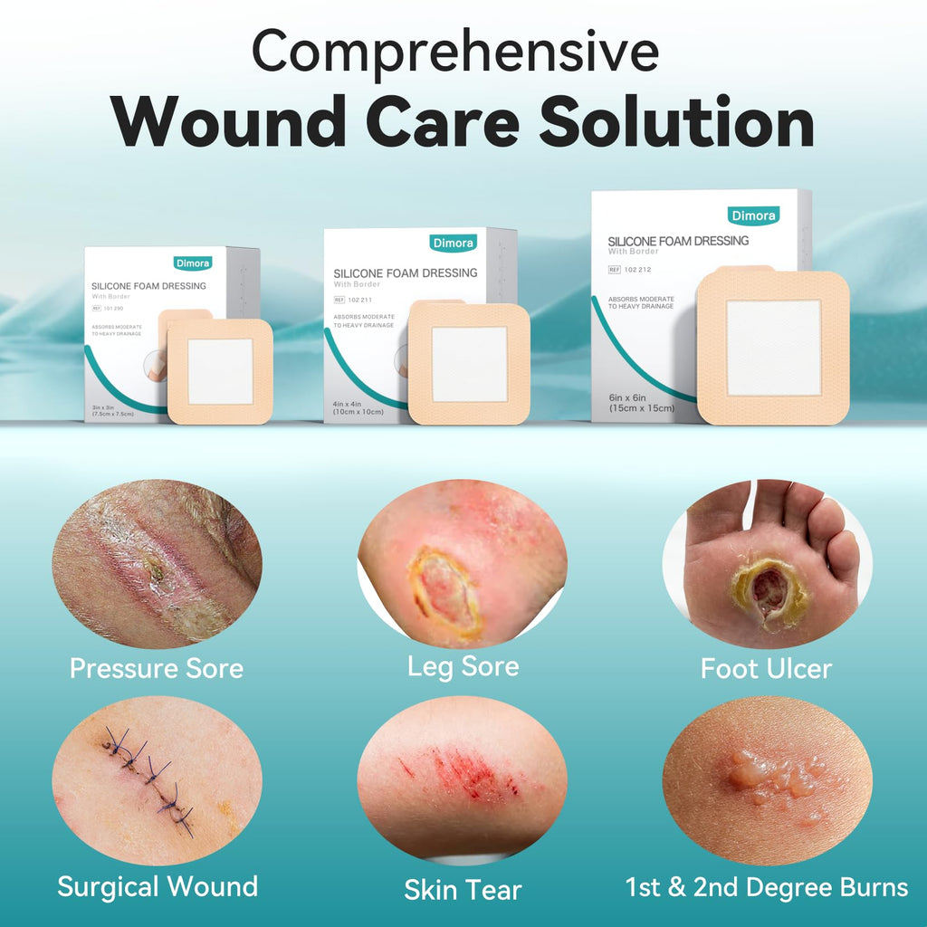 Dimora Silicone Foam Dressing with Border Adhesive 3"x3" Waterproof Wound Dressing First Aid Bandage for Wound Care 10 Pack