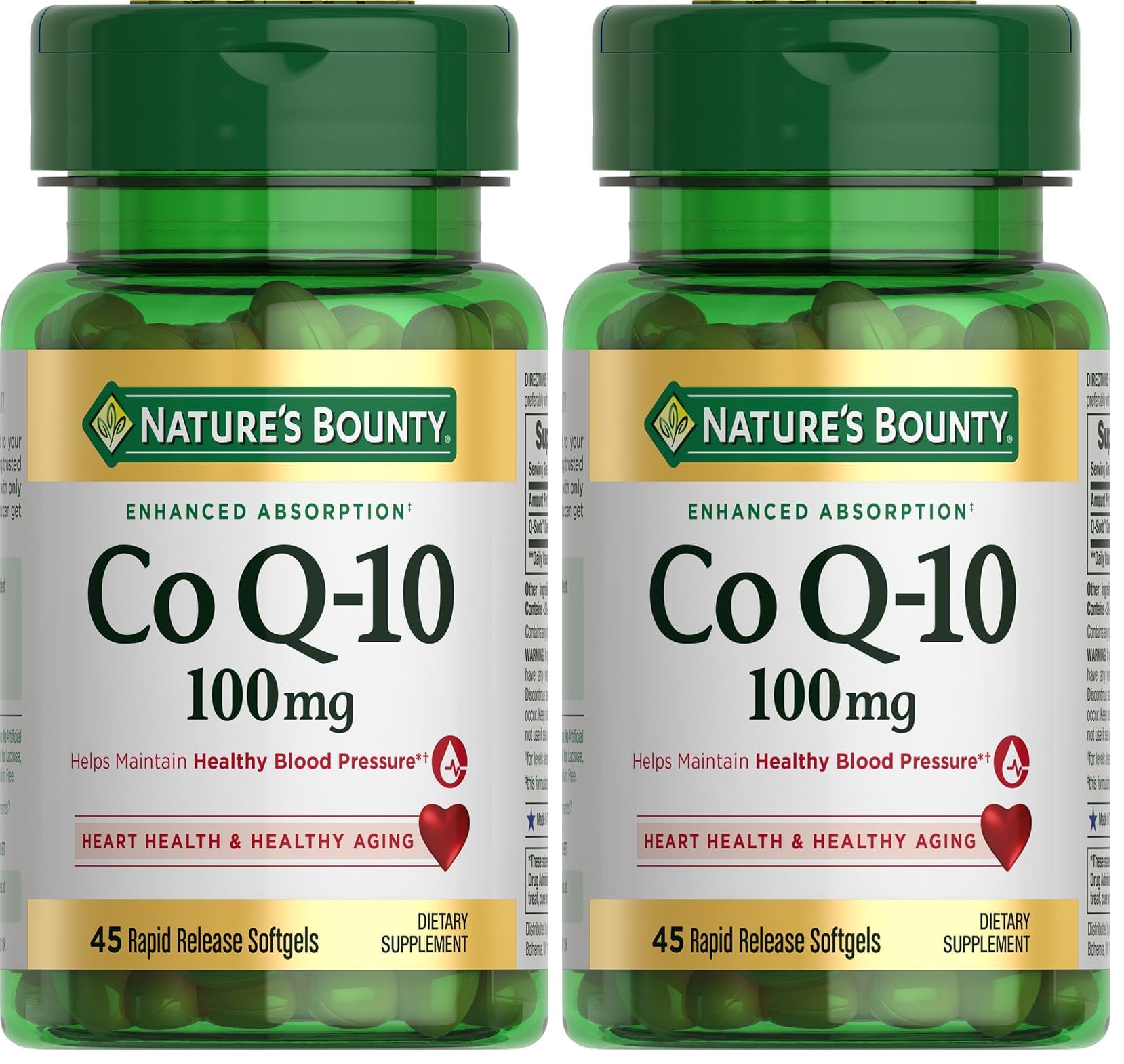 Nature's Bounty CoQ10 100mg for Heart Health Support, Non-GMO Q-Sorb Coenzyme Q-10 Antioxidant Support and Cardiovascular Wellness, Dietary Supplement, Rapid Release Softgels, 45 ct (Pack of 2)
