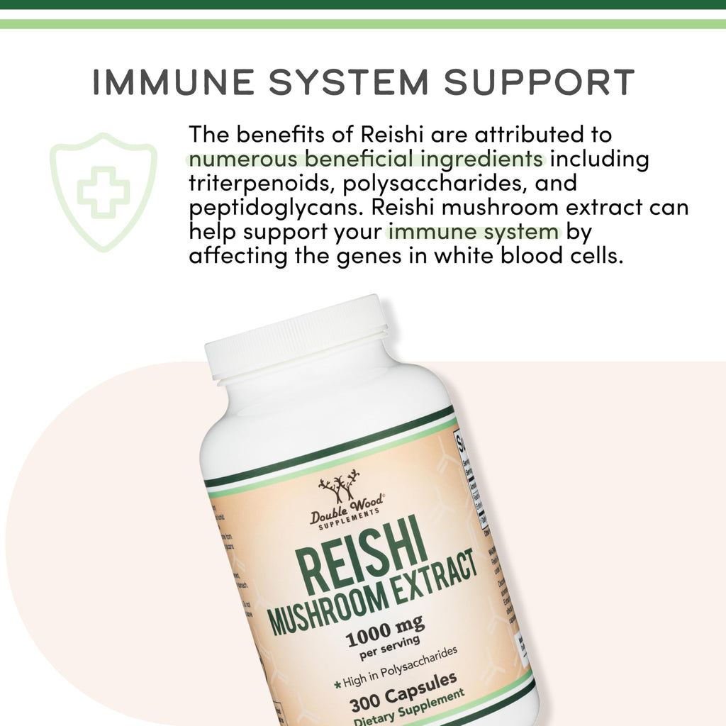 Reishi Mushroom Capsules (4:1 Ganoderma Extract, 1,000mg Red Reishi Powder Servings) 300 Count, 5 Month Supply, Potent Mushroom Supplement for Immune System Support and Defense by Double Wood
