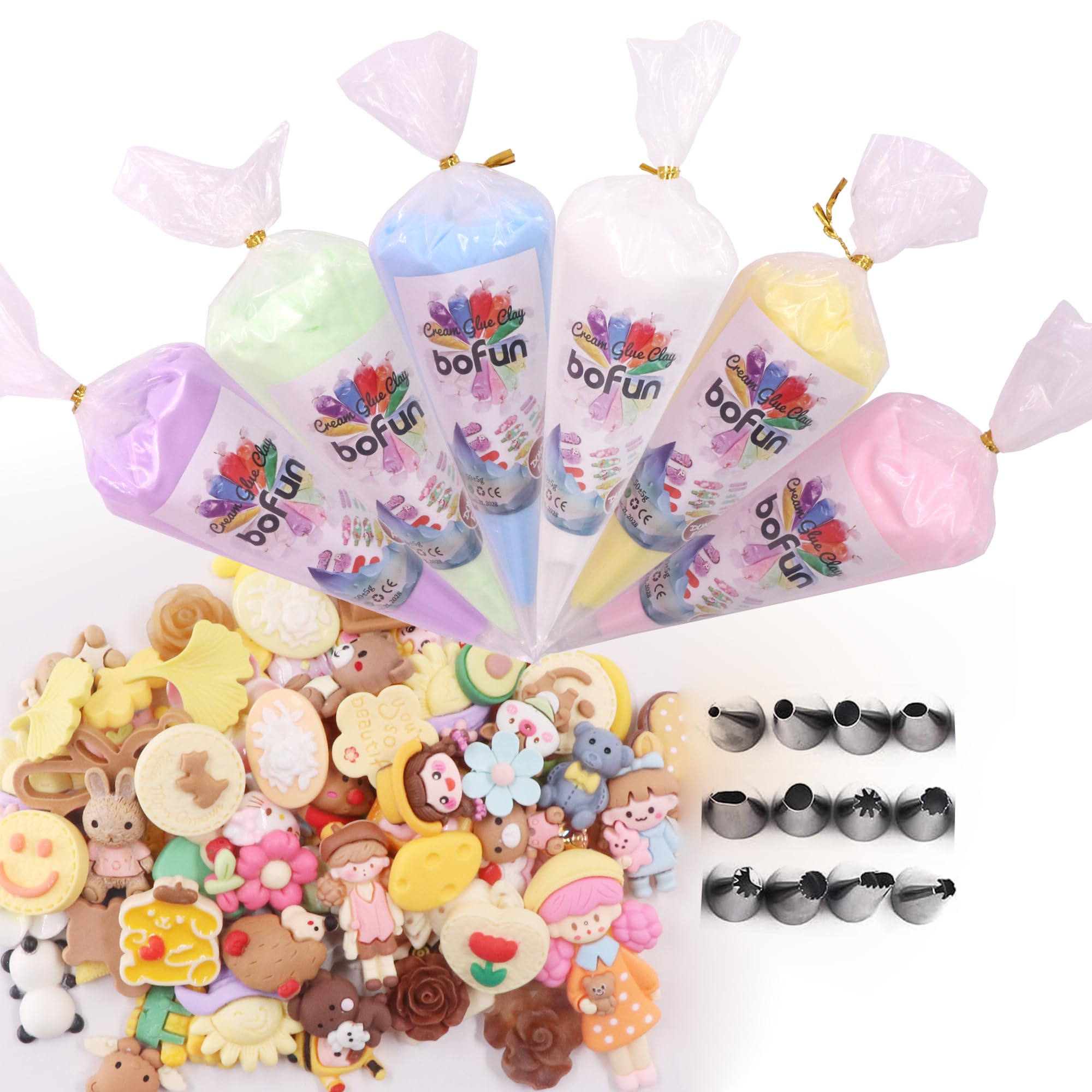 BoFUN 6-Pack Whipped Cream Glue Clay Set with 60+ Resin Charms - DIY Phone Cases Kit Craft for Jewelry, Mirrors & Scrapbooking - Cartoon Slime Charms with Piping Tips (Brown-Yellow)