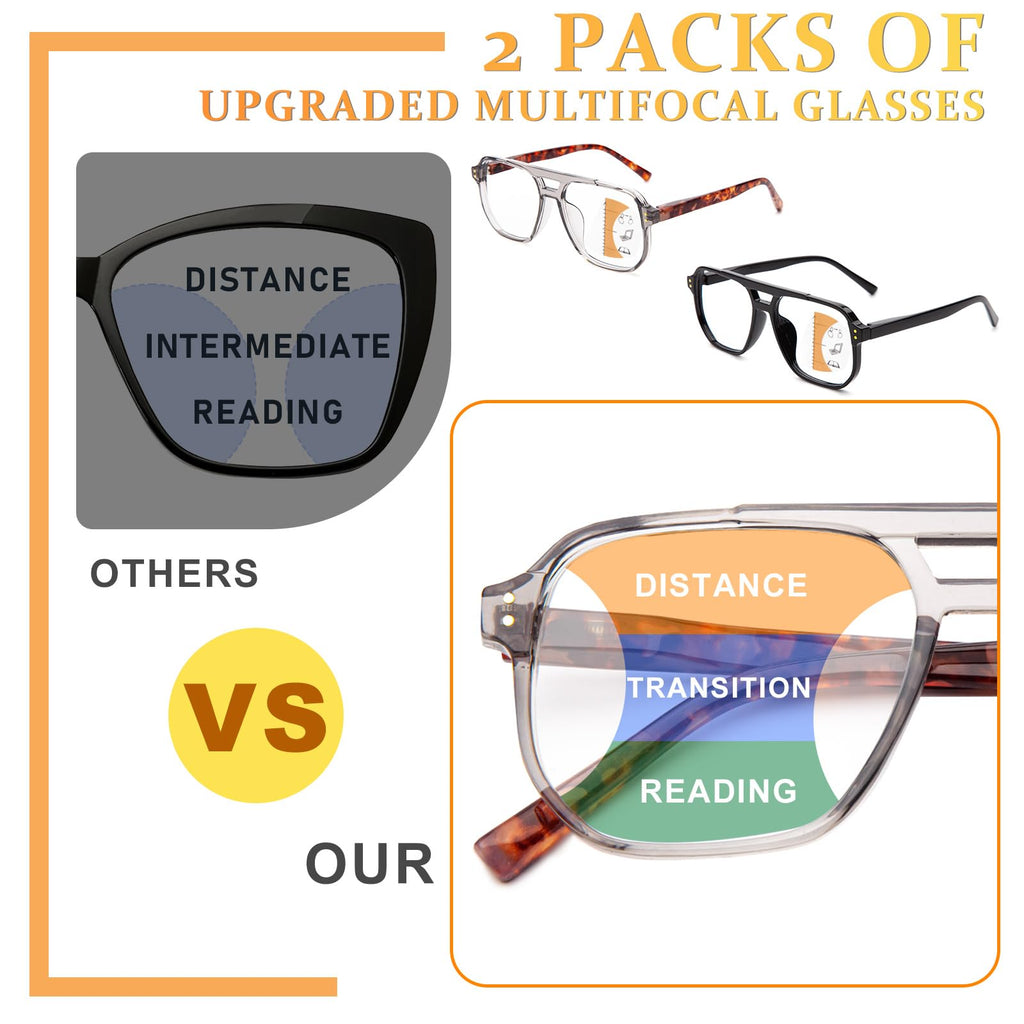 JO Progressive Multifocus Reading Glasses Men Women - No Line Progressive Reader Half-Rim for Mid-Near (Black/Tortoise, 2.50, x)