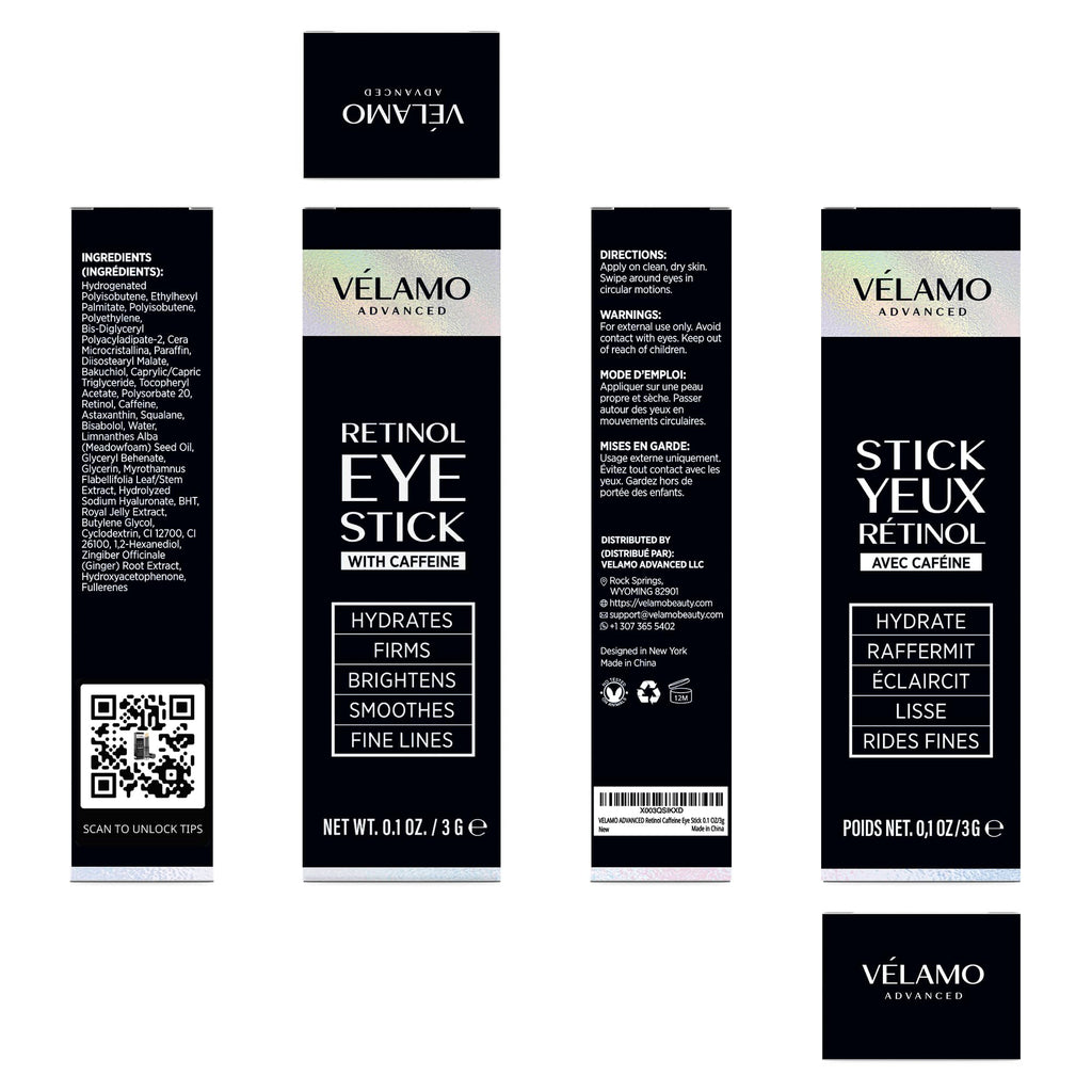 VELAMO ADVANCED Retinol Eye Stick: Retinol Eye Cream for Dark Circles and Puffiness with 1% Bakuchiol and Caffeine - Visibly Reduces Fine Lines Wrinkles Under Eye Bags with Upgraded Formula 0.1 OZ/3g