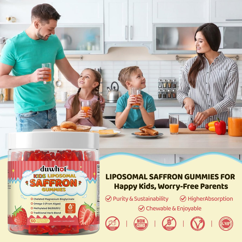 Liposomal Saffron Gummies for Kids 4+, Saffron Supplements w/Holy Basil, Rosemary, Magnesium Glycinate, Omega-3 & More, Brain Focus Support Supplement, Vegan, Organic, Sugar Free, 60 Chewables