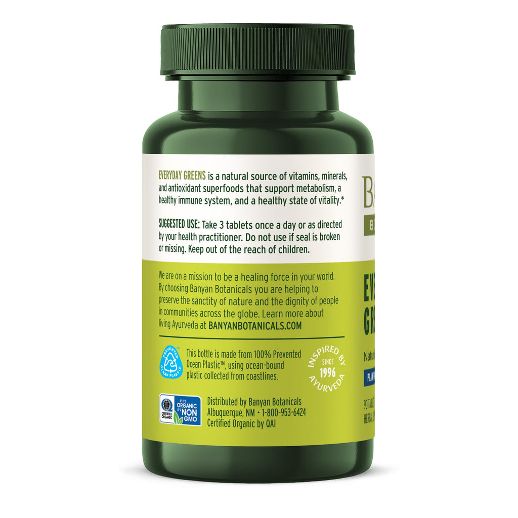Banyan Botanicals Organic Everyday Greens – Concentrated Superfood Tablets – Spirulina, Wheat Grass & Alfalfa for Cellular Vitality & Antioxidant Support – 90 Tablets – USDA Organic