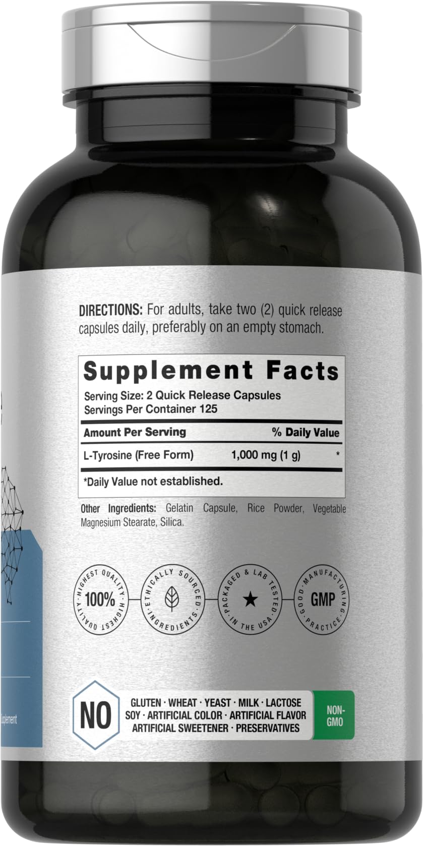 Horbäach L-Tyrosine Supplement | 1000mg | 250 Capsules | Non-GMO and Gluten Free Formula