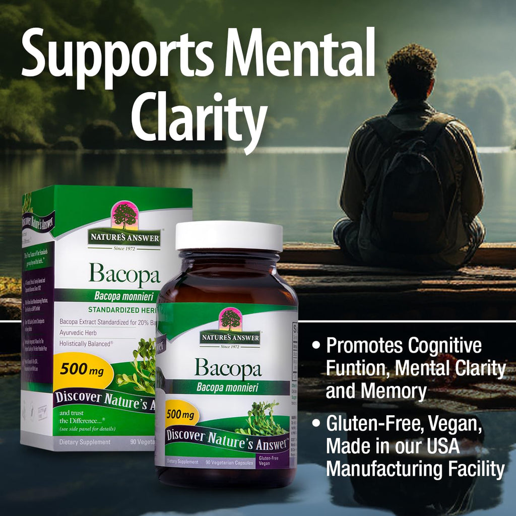 Nature's Answer Bacopa Monnieri | Helps Improve Memory | NON-GMO| No Preservatives | Gluten-Free, Vegan & Vegetarian – 500mg (90 Capsules)
