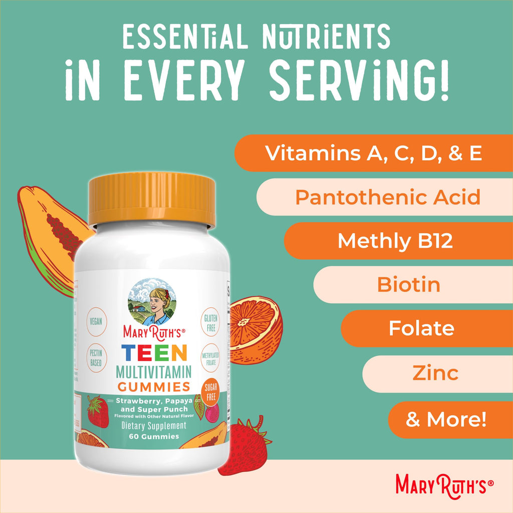 MaryRuth's Multivitamin Gummies for Teens | Vitamin D3, A, C, E, B6, B12, Zinc, Iodine, Biotin | Immunity | Tissue, Vision, & Skin Health | Vegan | Non-GMO | Sugar Free | Gluten Free | 60 Count