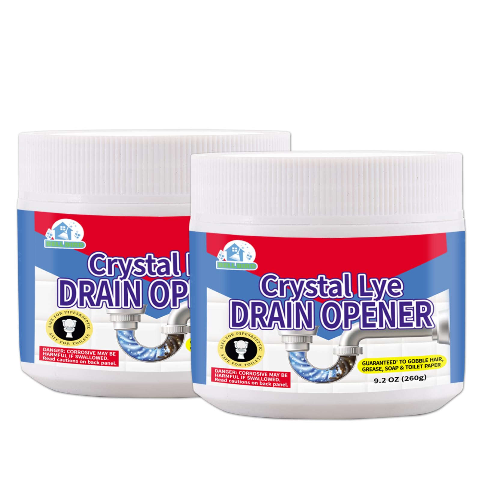 BELL BIRDCrystal Lye Drain Opener,Lye Sodium Hydroxide,Unclogs Bathroom and Kitchen Sinks,Drains,Shower Pipes (2PSC)