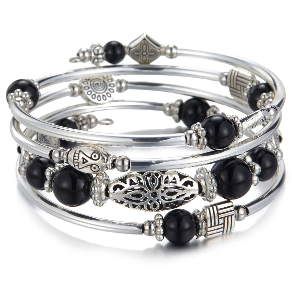 BULINLIN Layered Wrap Bangle Turquoise Bracelet - Bead Bracelet with Natural Agate Stone, Gifts For Women (03-Black)