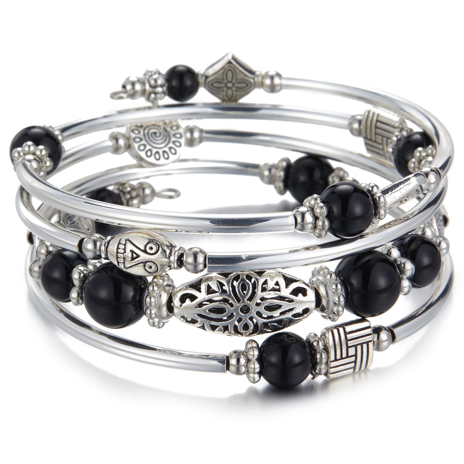 BULINLIN Layered Wrap Bangle Turquoise Bracelet - Bead Bracelet with Natural Agate Stone, Gifts For Women (03-Black)