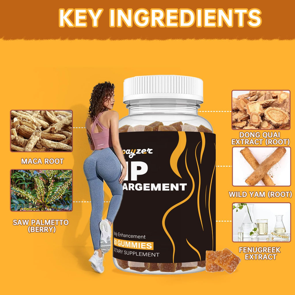 Booty Gummies for Big Butt and Hips, Bigger Butt Gummies for Natural Curves, 2 PCS Bum Support Gummy Booty Curvy Body, Berry Flavored Women Support Supplement, Boost Glute Growth, Fenugreek, 60 Count.