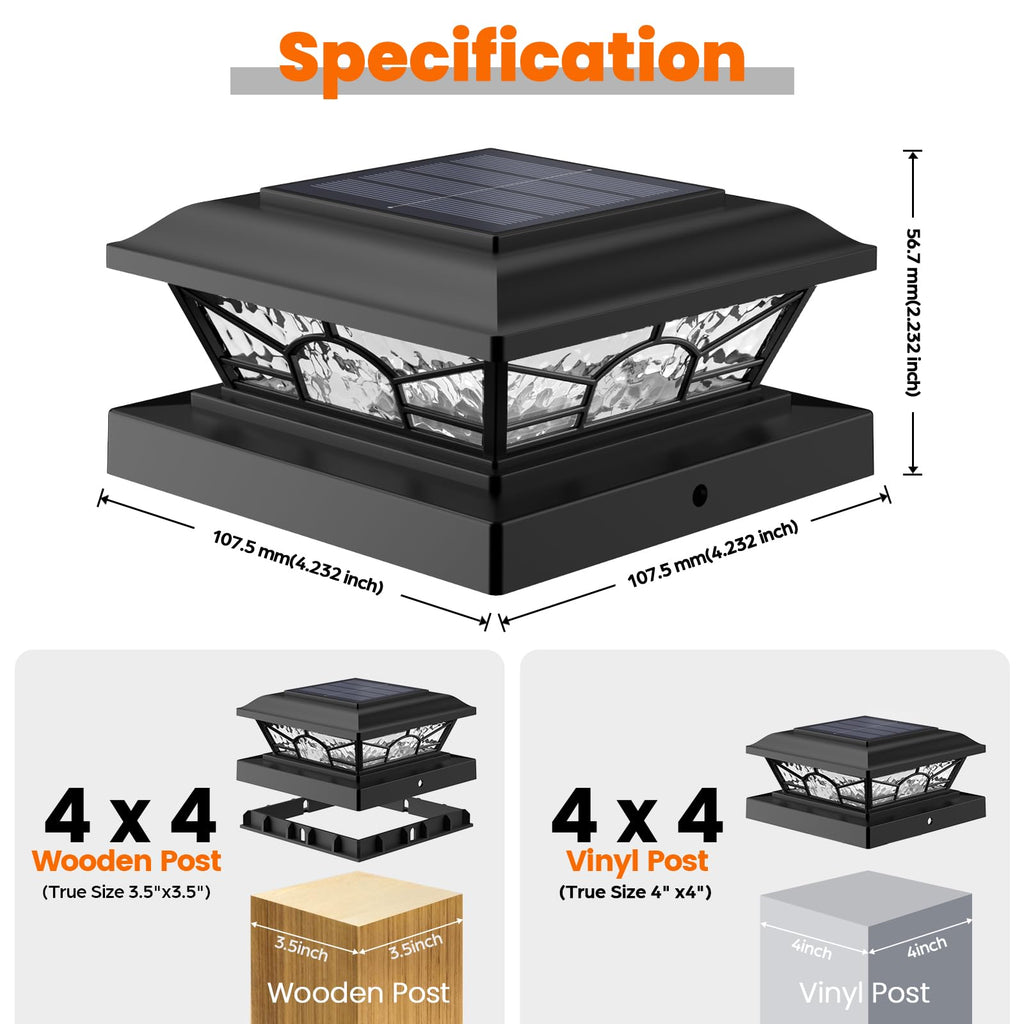 Brightever 4x4 3.5x3.5 Solar Post Cap Lights, 8-Pack Solar Powered Fence Post Light Outdoor Waterproof for Vinyl/Wooden Post, 2 Modes(Warm/Cool Light), Black Solar Deck Post Lights for Patio, Porch