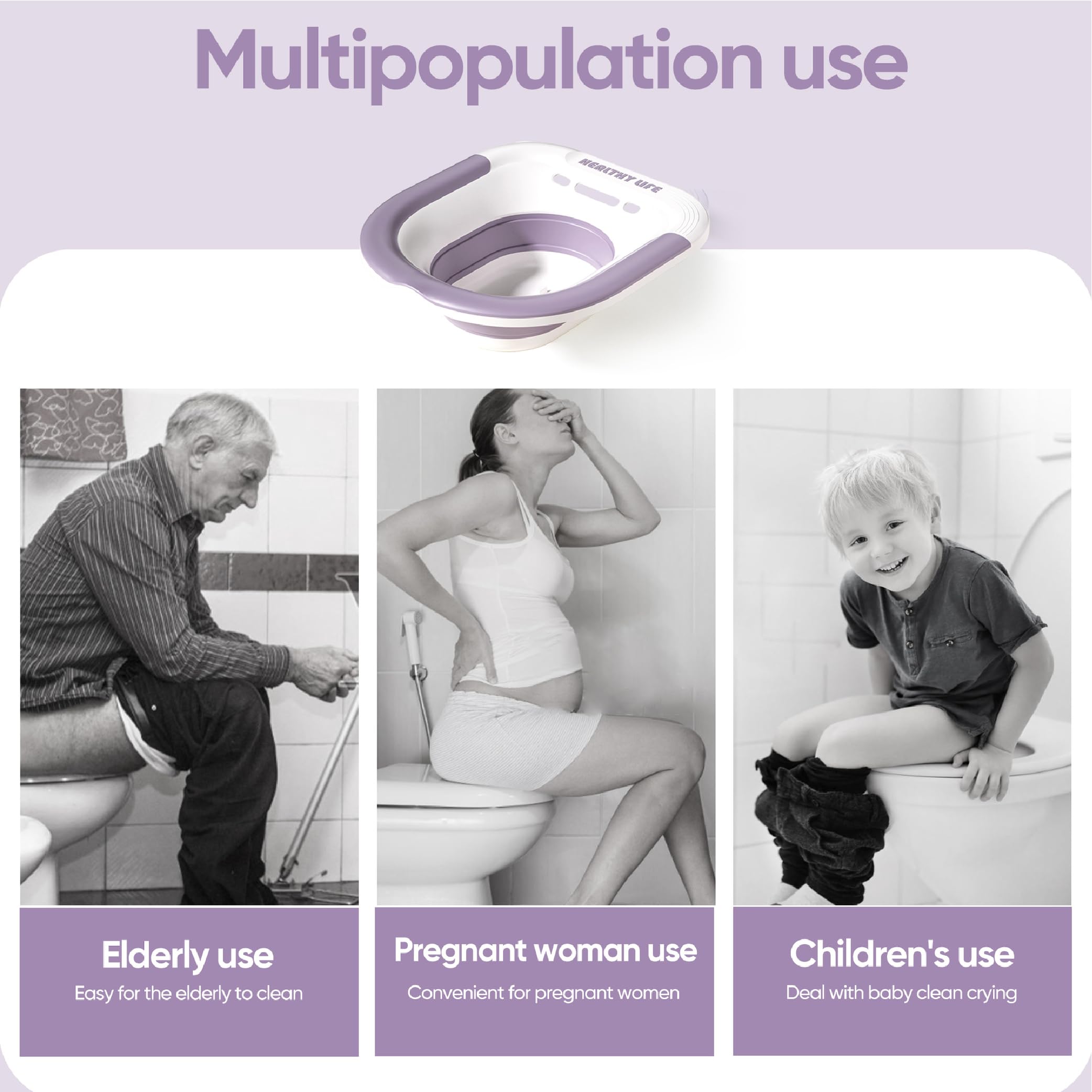 Electric Sitz Bath, Unisex Foldable Sitz Bath for Toilet Seats, Sitz Bath for Postpartum Care and Hemorrhoids, Non-Slip & High Water Flow (Purple)