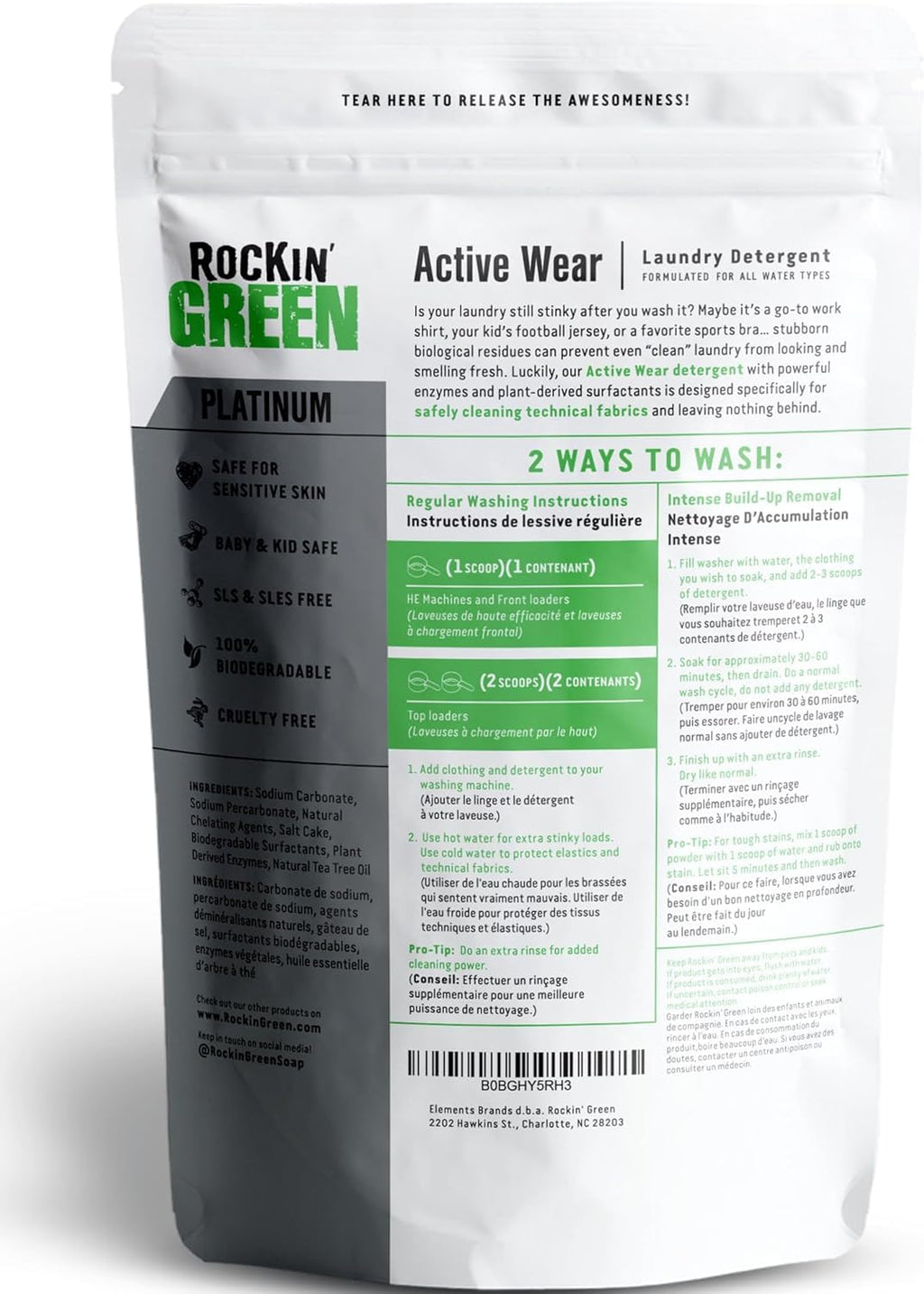 Rockin' Green Laundry Detergent, Plant based, All Natural Laundry Detergent Powder, Vegan and Biodegradable Odor Fighter, Safe for Sensitive Skin (Active Wear 90 Loads - Smashing Watermelons)