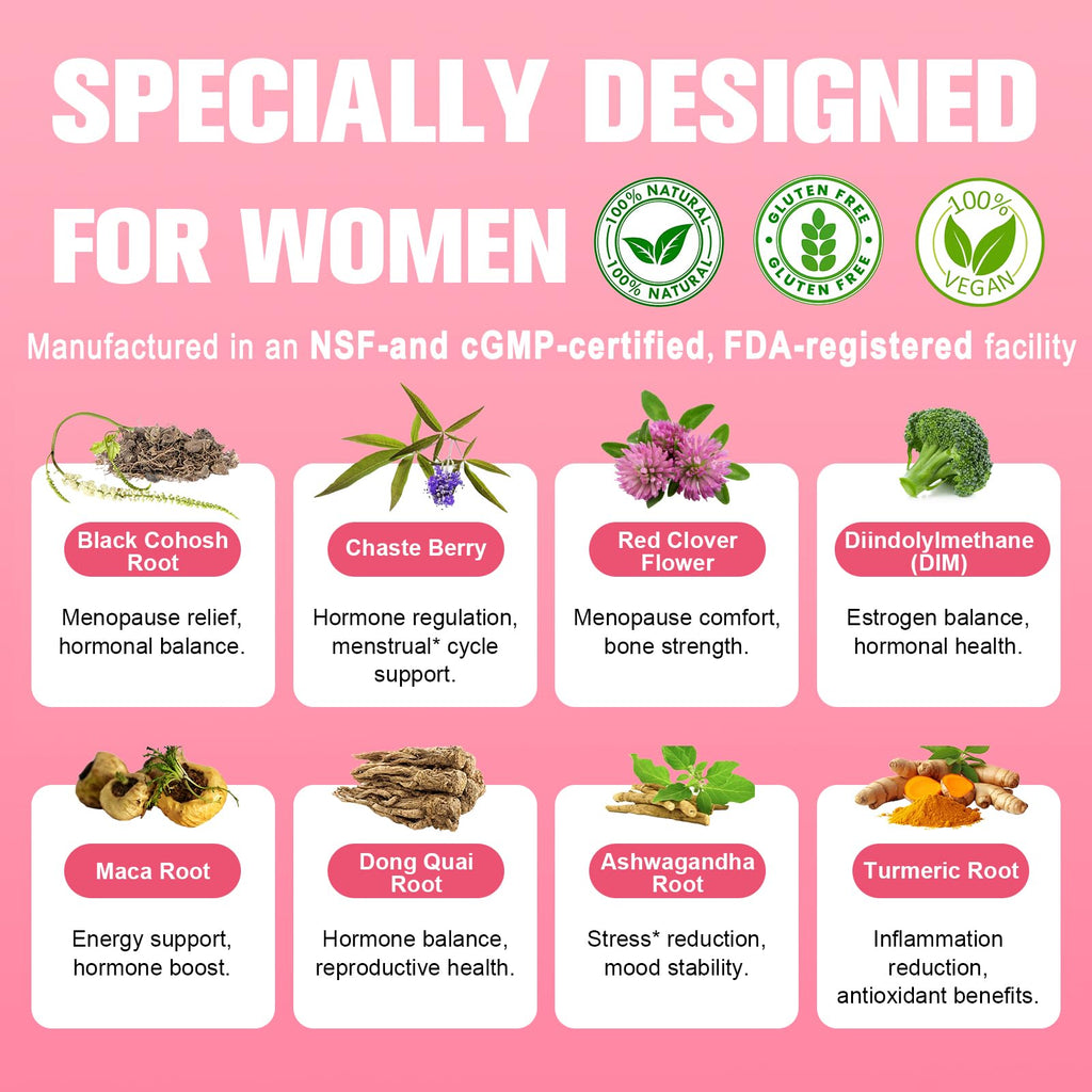 40-in-1 Menopause Supplements for Women, Multibenefit & Complete Black Cohosh for Hot Flashes, Night Sweats & Hormone Balance, w/ Probiotics, DIM, Vitex, Dong Quai, Red Clover and More, 120 Vegan Caps