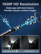 Acoath Endoscope Camera with Light, Dual-Lens 1920P HD Borescope with 8 Adjustable LED Lights, IP67 Waterproof Boroscope Inspection Tools, 16.4ft Semi-Rigid Snake Camera for iOS & Android