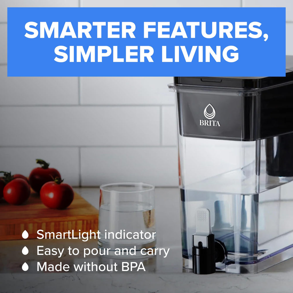 Brita Extra-Large 27-Cup Water Dispenser with BritaPlus Filter, WQA NSF/ANSI Certified, Reduces 2X Contaminants vs. Standard, Reduces Chlorine, Zinc, Copper, Mercury & More, 1 Filter Included, White