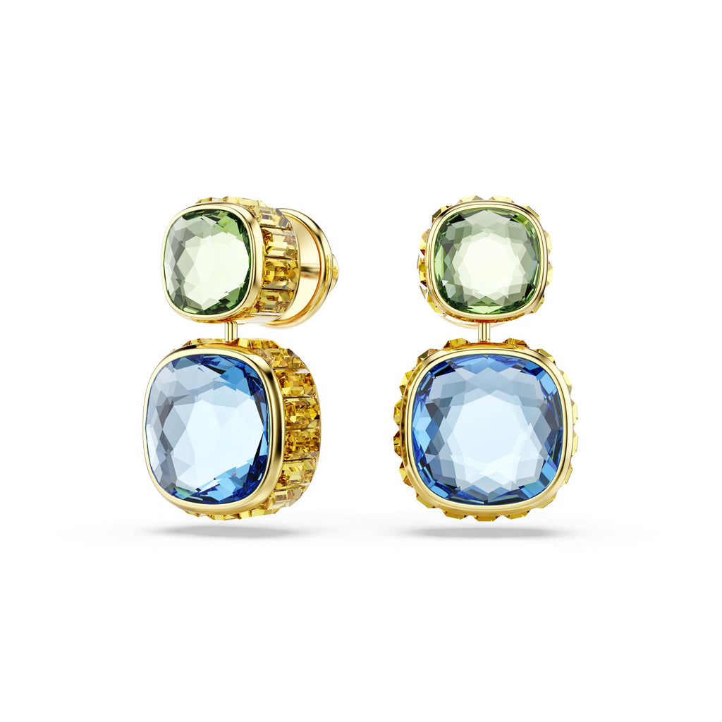 Swarovski Chroma drop earrings, Cushion cut, Multicolored, Gold-tone finish