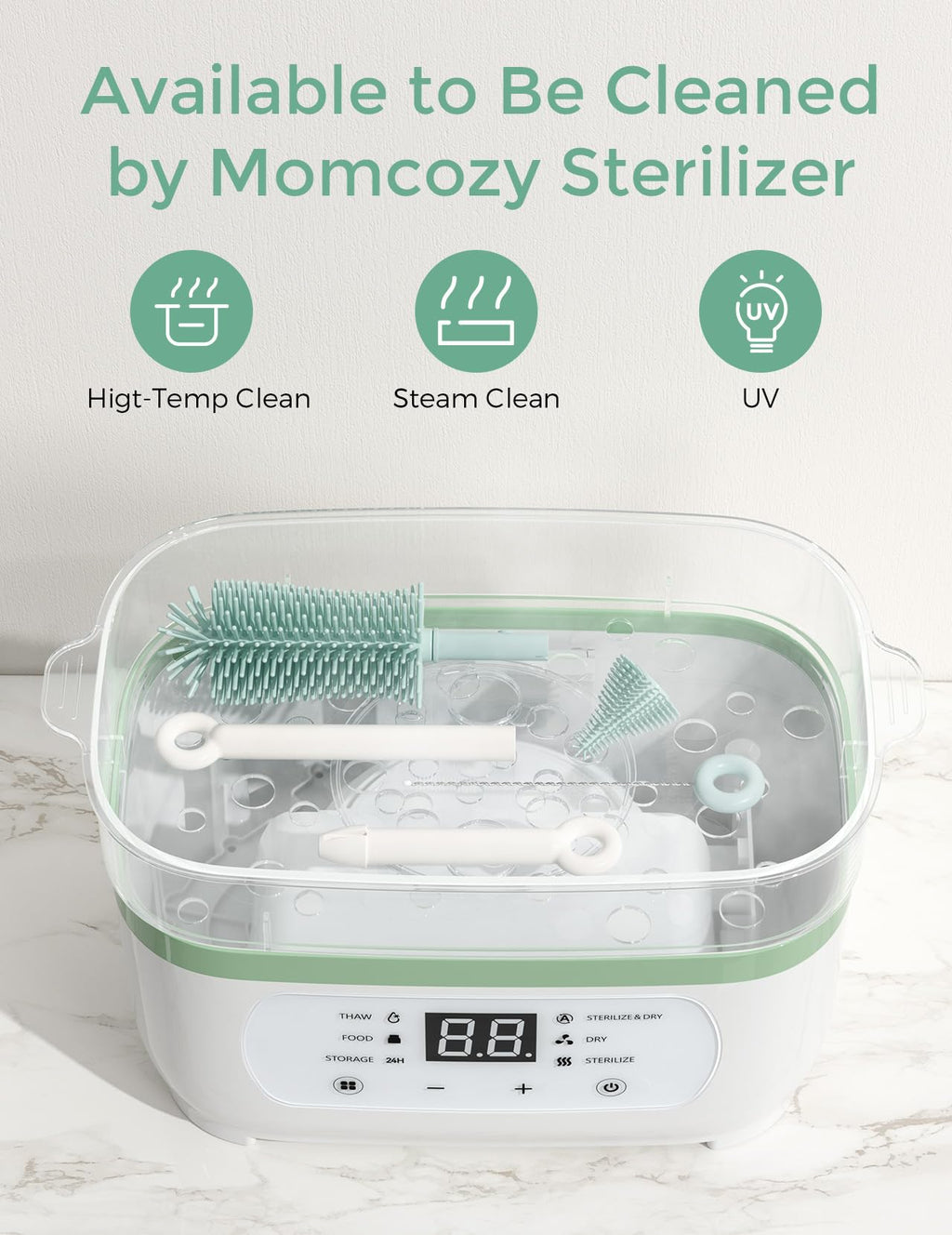 Momcozy 7-in-1 Baby Bottle Brush Set with Drying Rack, Green