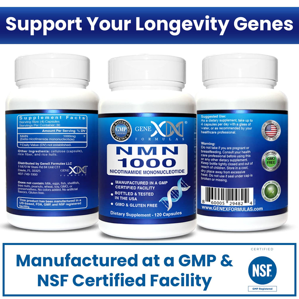 Genex Formulas NMN 1000mg - 99% Pure Shelf Stabilized Supplement Capsules for Increased NAD Levels & Healthy Aging, GMP Certified, 1000mg per Serving, 120 Capsules