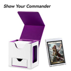 Mage Tech Card Deck Box for MTG Commander - Patented Design, Commander Display, Fits 100 Double-Sleeved Cards, 35pt Card Brick & Dice Tray - White/Purple