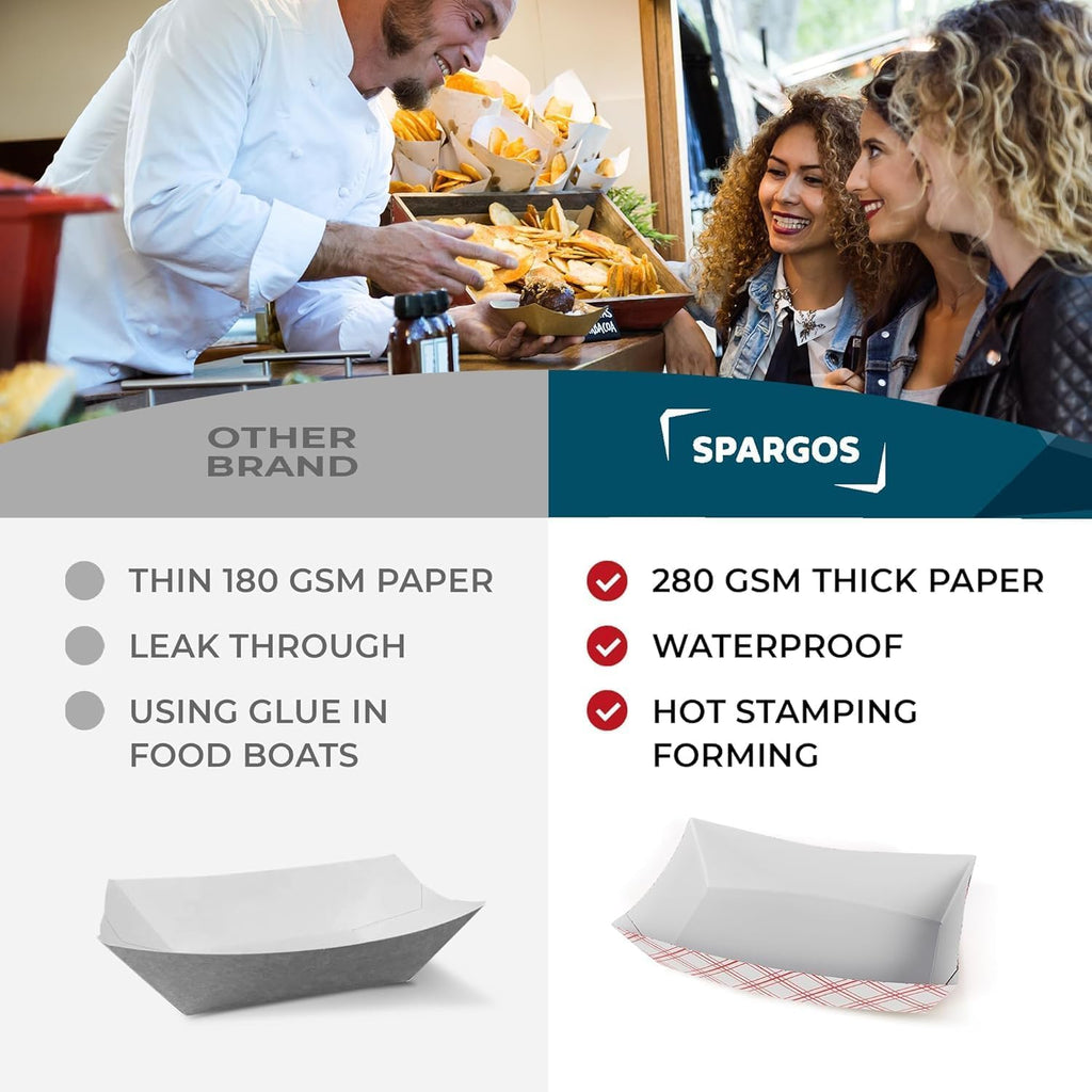 SPARGOS 3lb Paper Food Boats (125 Pack) – Red and White Checkered Nacho Trays for Parties – Disposable Hot Dog Boats & French Fry Holders – Grease Resistant Paper Food Trays for Movie Night & Picnics