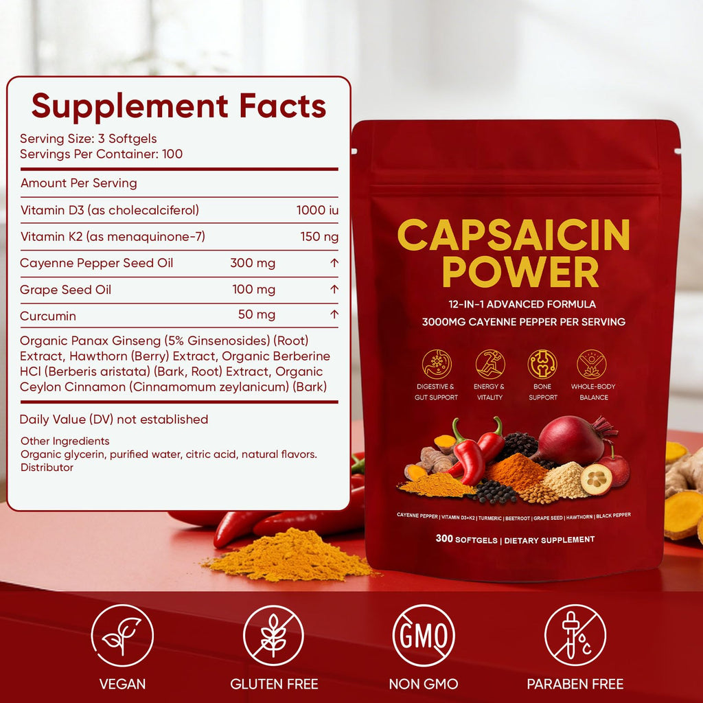 GXSAE Capsaicin Power - Cayenne Pepper Softgels Supplement, Supports Leg Vein, Digestive & Gut Health, with Vitamin D3+K2, Beetroot, Grape Seed and Other Extracts, 300 Capsules (1)
