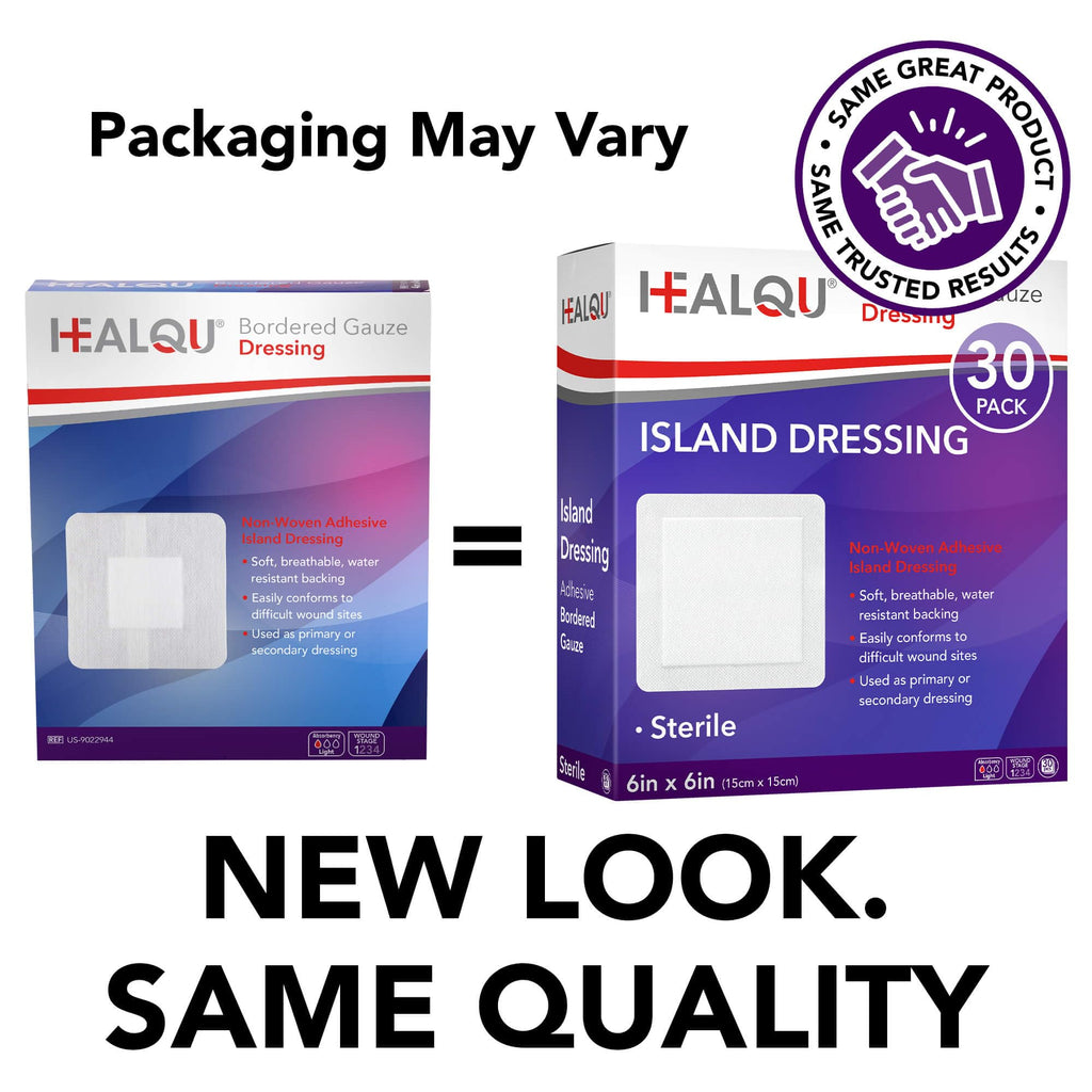 HEALQU Island Dressing - 6"x6", 30 Count - Bordered Gauze Sterile Individually Wrapped Gauze Pads, Water-Resistant, Non-Woven Backing - Soft and Breathable Wound Dressing for First Aid and Medical