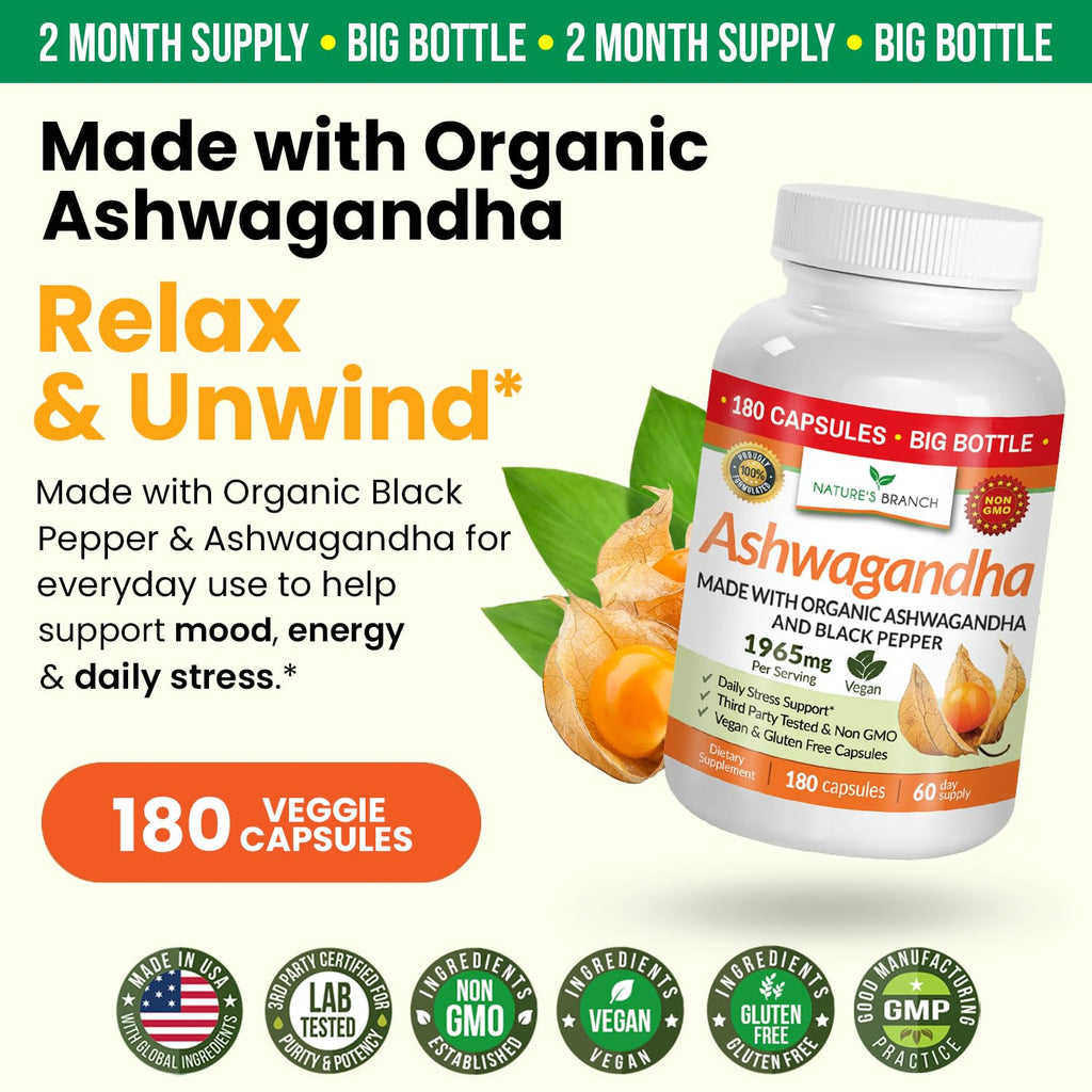 UDAF Certified Organic Ashwagandha with Black Pepper, 1965mg - Extra Strength for Stress, Sleep, Mood, Thyroid, Energy, Hair, Vegan Pure Root Extract Powder Supplement for Men and Women | 180 Capsules