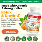 UDAF Certified Organic Ashwagandha with Black Pepper, 1965mg - Extra Strength for Stress, Sleep, Mood, Thyroid, Energy, Hair, Vegan Pure Root Extract Powder Supplement for Men and Women | 180 Capsules