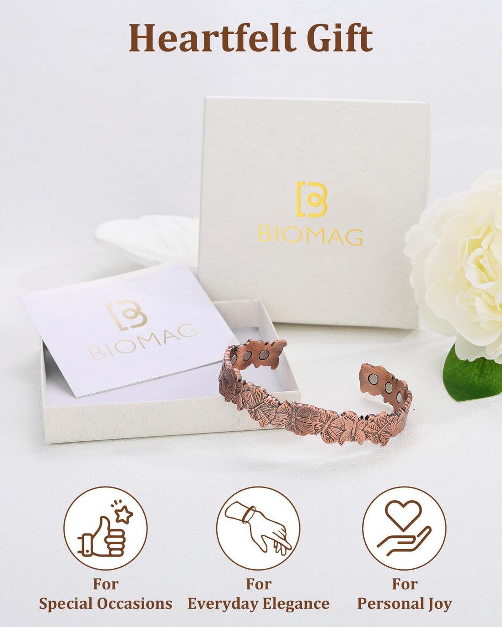 BioMag Magnetic Copper Bracelet for Women Men, 99.99% Pure Copper Cuff Bangle with 6 Pcs 3500 Gauss Magnets, Adjustable Jewerly Gift