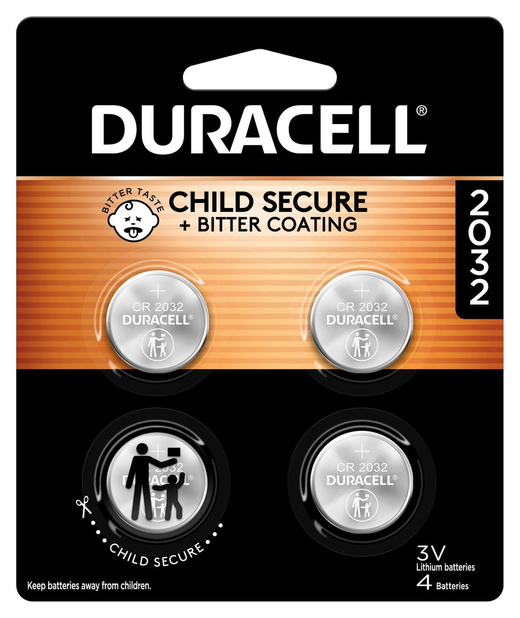 Duracell 2032 Lithium Battery, 4 Count (Pack of 1), Child Safety Features, Compatible with Key Fob, Tea Light Candles and Other Devices, CR2032 Battery