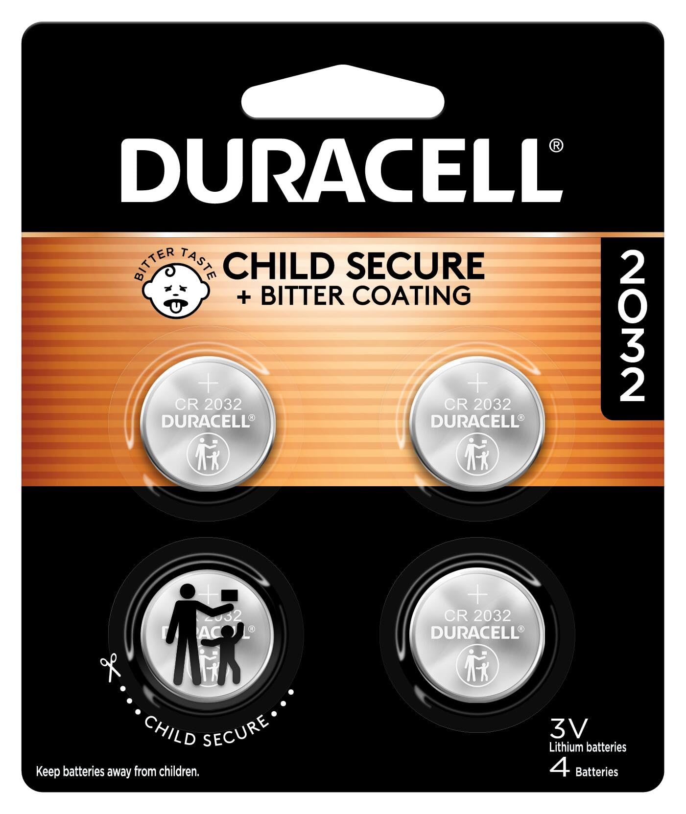 Duracell 2032 Lithium Battery, 4 Count (Pack of 1), Child Safety Features, Compatible with Key Fob, Tea Light Candles and Other Devices, CR2032 Battery