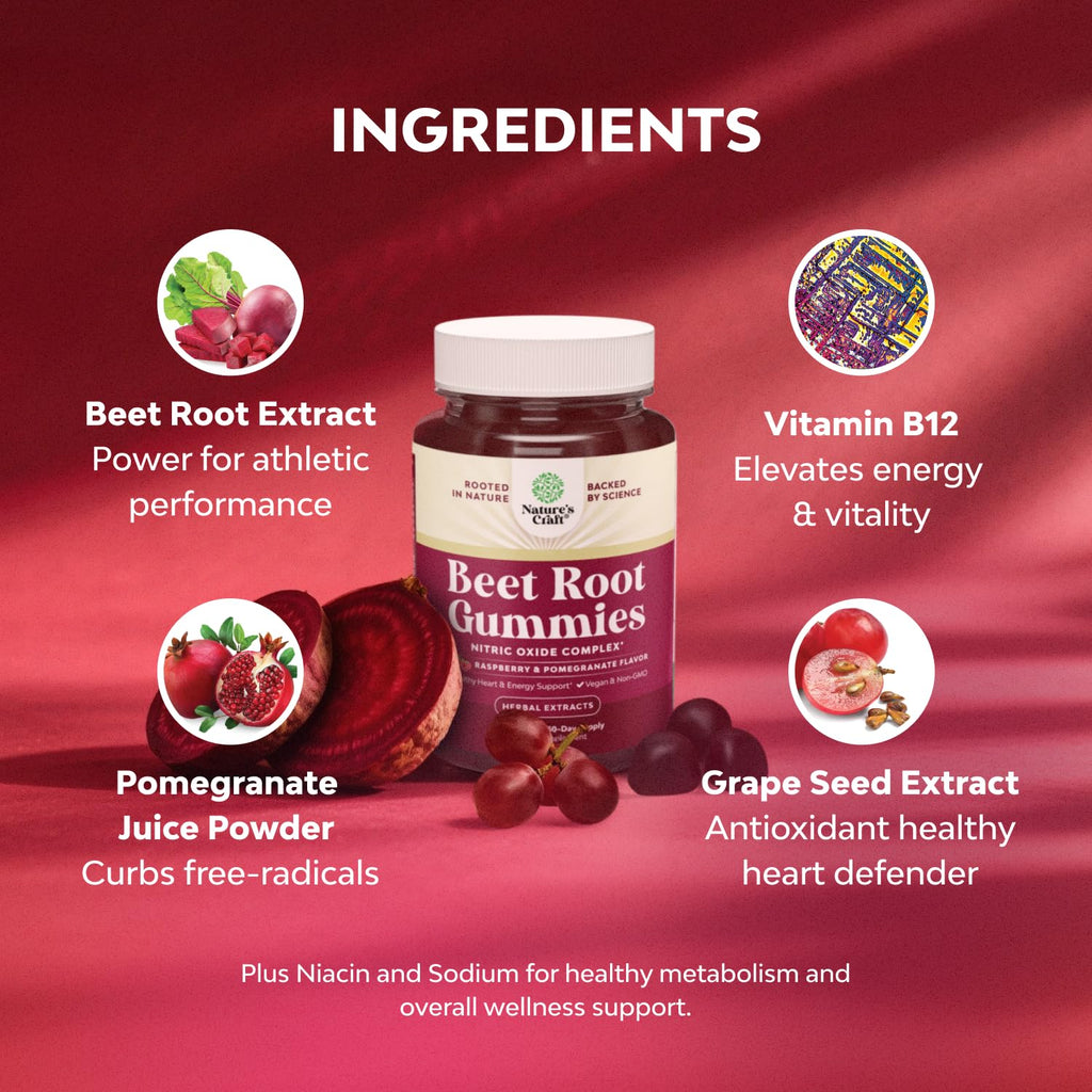 Flow Boosting Beet Root Gummies - Invigorating Beet Gummies for Adults Nitric Oxide Energy & Heart Health Support with Grapeseed Pomegranate & Vitamin B12 - Vegan Non-GMO & Gluten Free - 120 Count