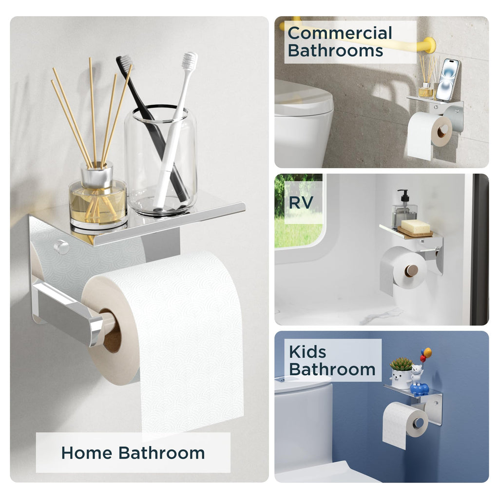 Toilet Paper Holder with Shelf, Adhesive or Screw Wall Mount Toilet Paper Roll Holder for Bathroom, Rustproof 304 Stainless Steel Toilet Roll Tissue Holder Dispenser with Phone Shelf (2, Chrome)