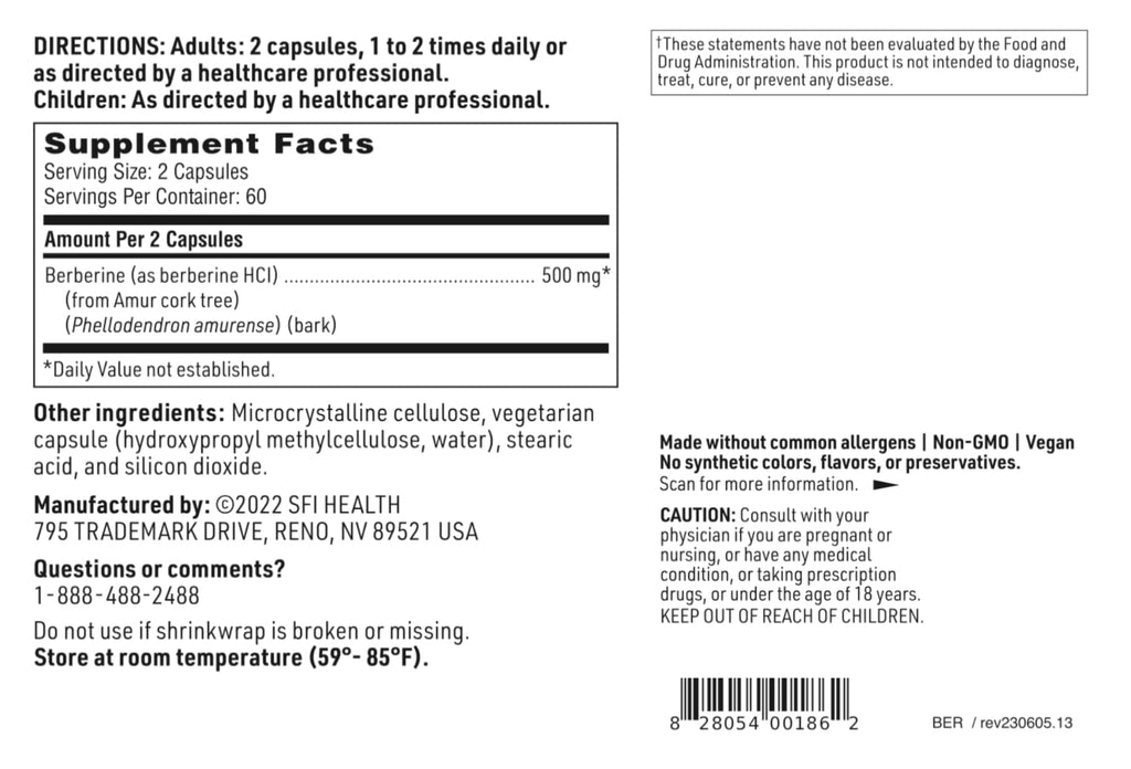 Klaire Labs SFI Health Berberine HCI 500mg - Berberine Supplement - Gluten-Free, Hypoallergenic (120 Capsules)