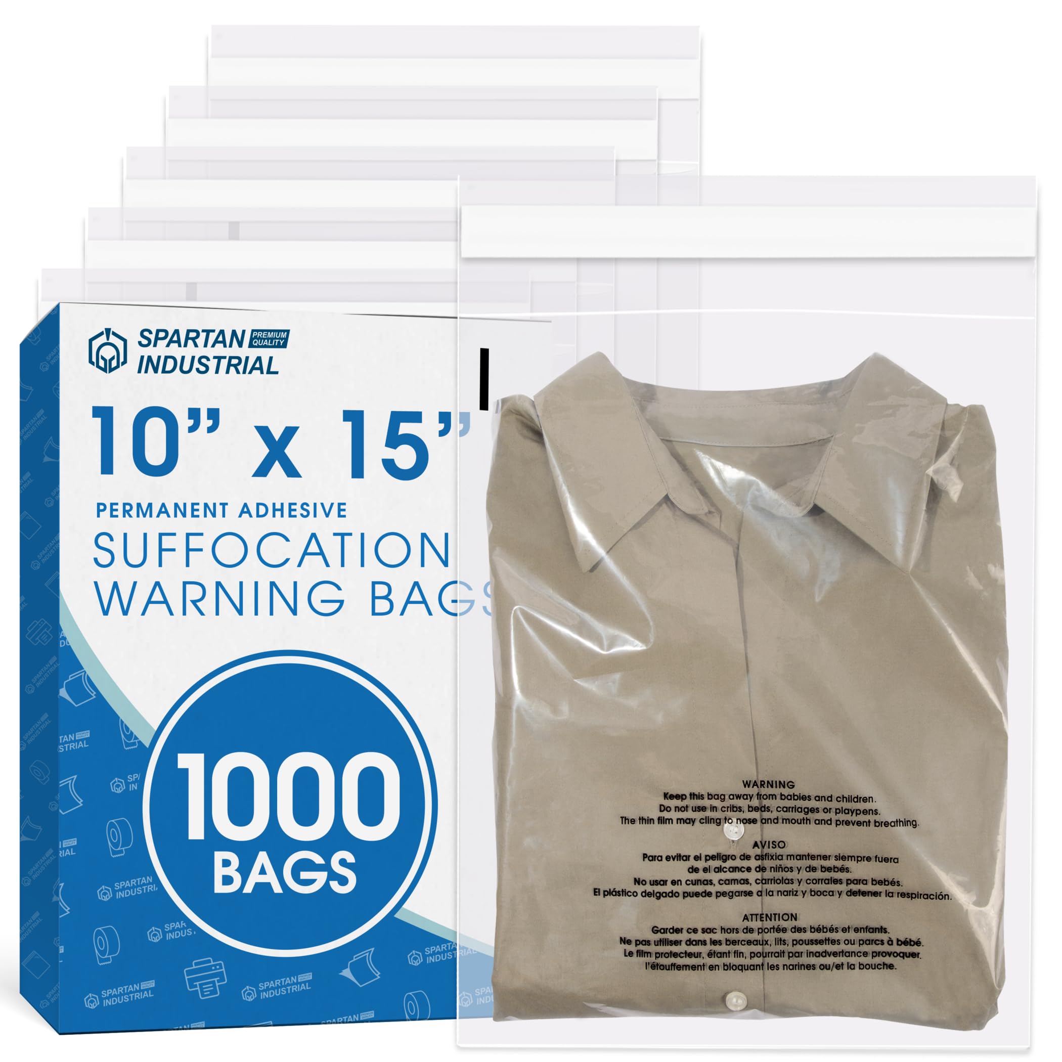 Spartan Industrial - 10" X 15" (1000 Count) Self Seal Clear Poly Bags with Suffocation Warning for Packaging, T Shirts - Permanent Adhesive