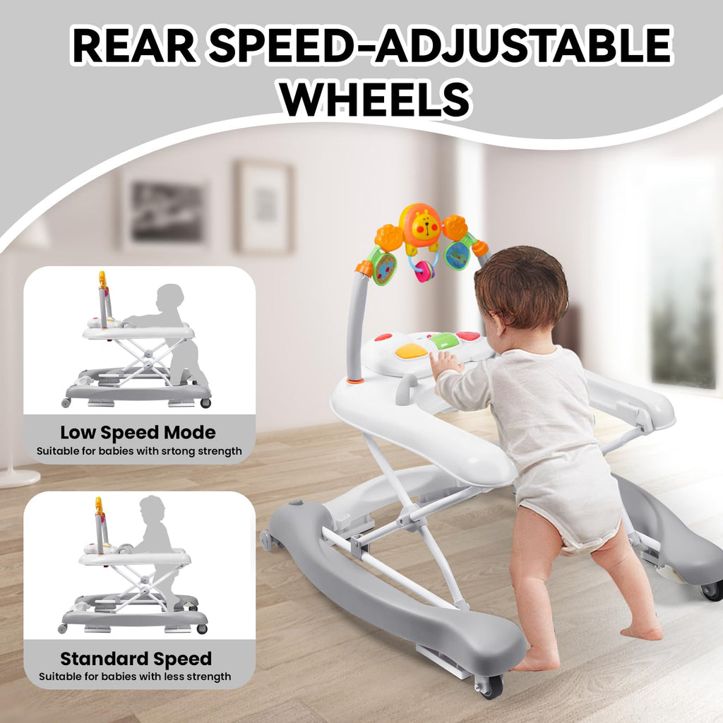 RefoereBabe Baby Walker with Wheels, 5 in 1 Baby Walkers for Boys Girls 6-12 Months, Foldable Walker Baby with Bouncer & Feeding Tray, Music, Adjustable Heights