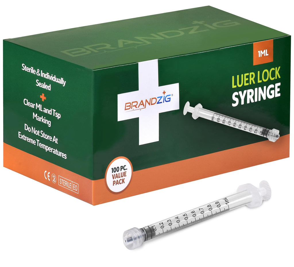 BRANDZIG 1mL Luer Lock Syringe (No Needle) – Sterile, Individually Wrapped – 100 Pack (100 Count) – for Professional & Personal Use