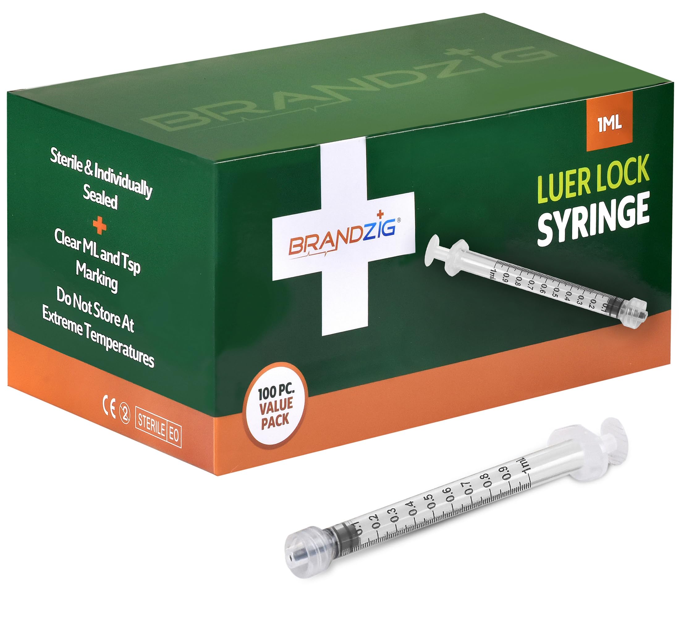 BRANDZIG 1mL Luer Lock Syringe (No Needle) – Sterile, Individually Wrapped – 100 Pack (100 Count) – for Professional & Personal Use