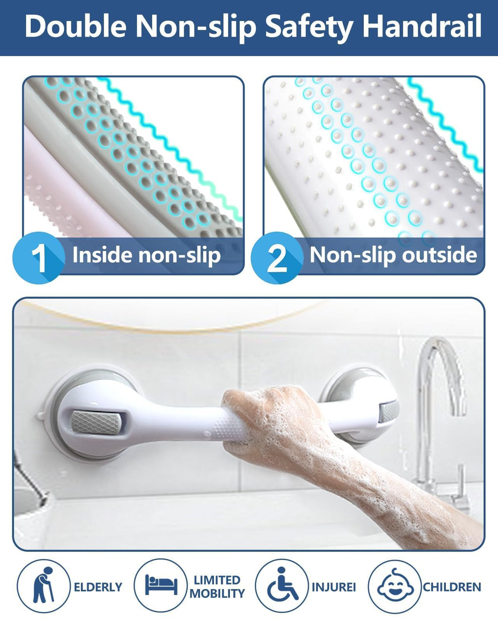 2 Pack 16.15” Grab Bars for Bathtubs and Showers, Shower Handles for Elderly Suction Cup Grab Bars for Shower Wall Heavy Duty, Safety Grab Bar for Seniors Suction Bathroom, No Drilling