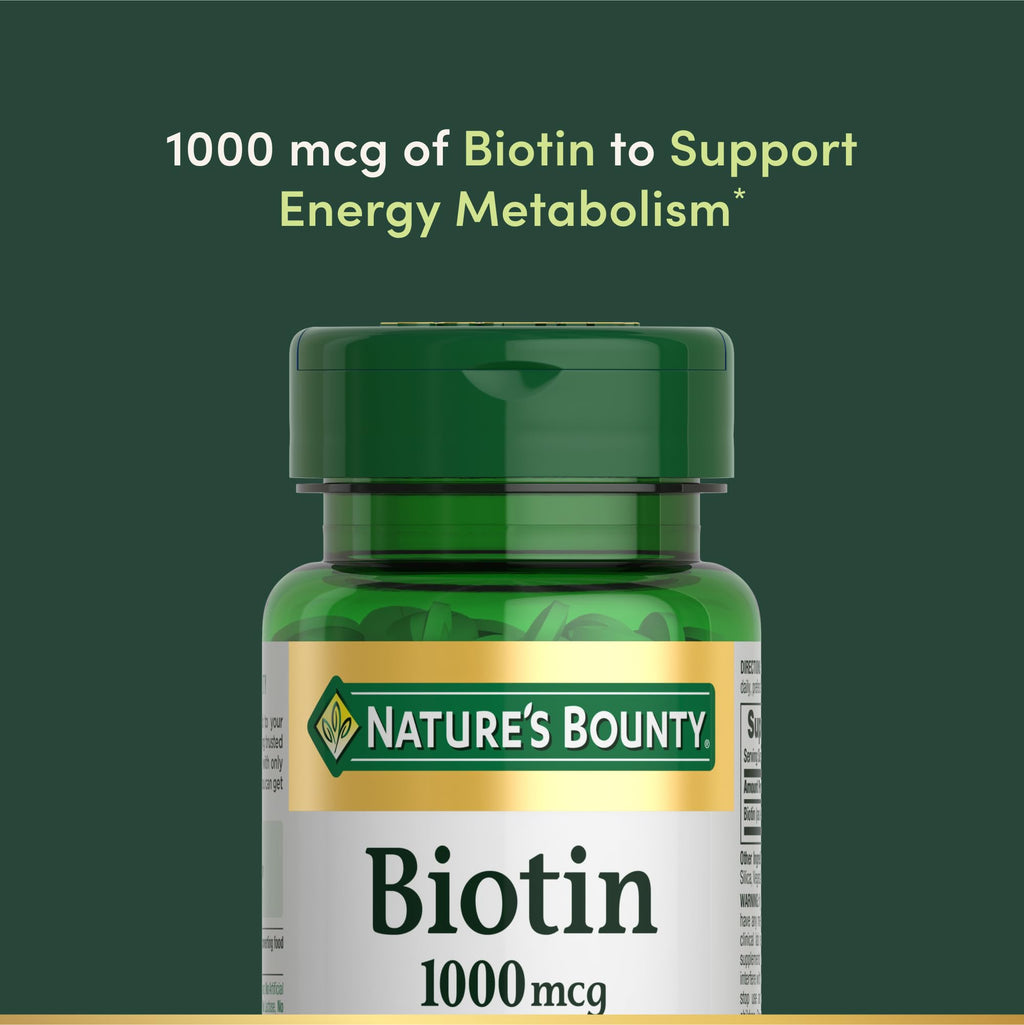 Nature's Bounty Biotin, Supports Metabolism for Energy and Healthy Hair, Skin, and Nails, 1000 mcg, 100 Tablets (Pack of 2)