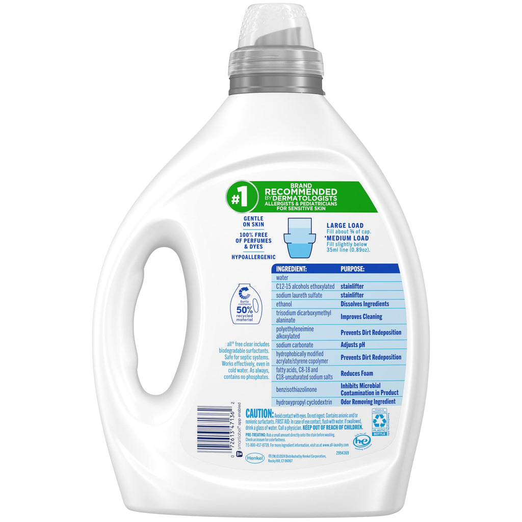 all free clear, Odor Relief, Liquid Laundry Detergent for Odors, Unscented and Hypoallergenic for Sensitive Skin, Concentrated, 80.1oz, 90 Loads