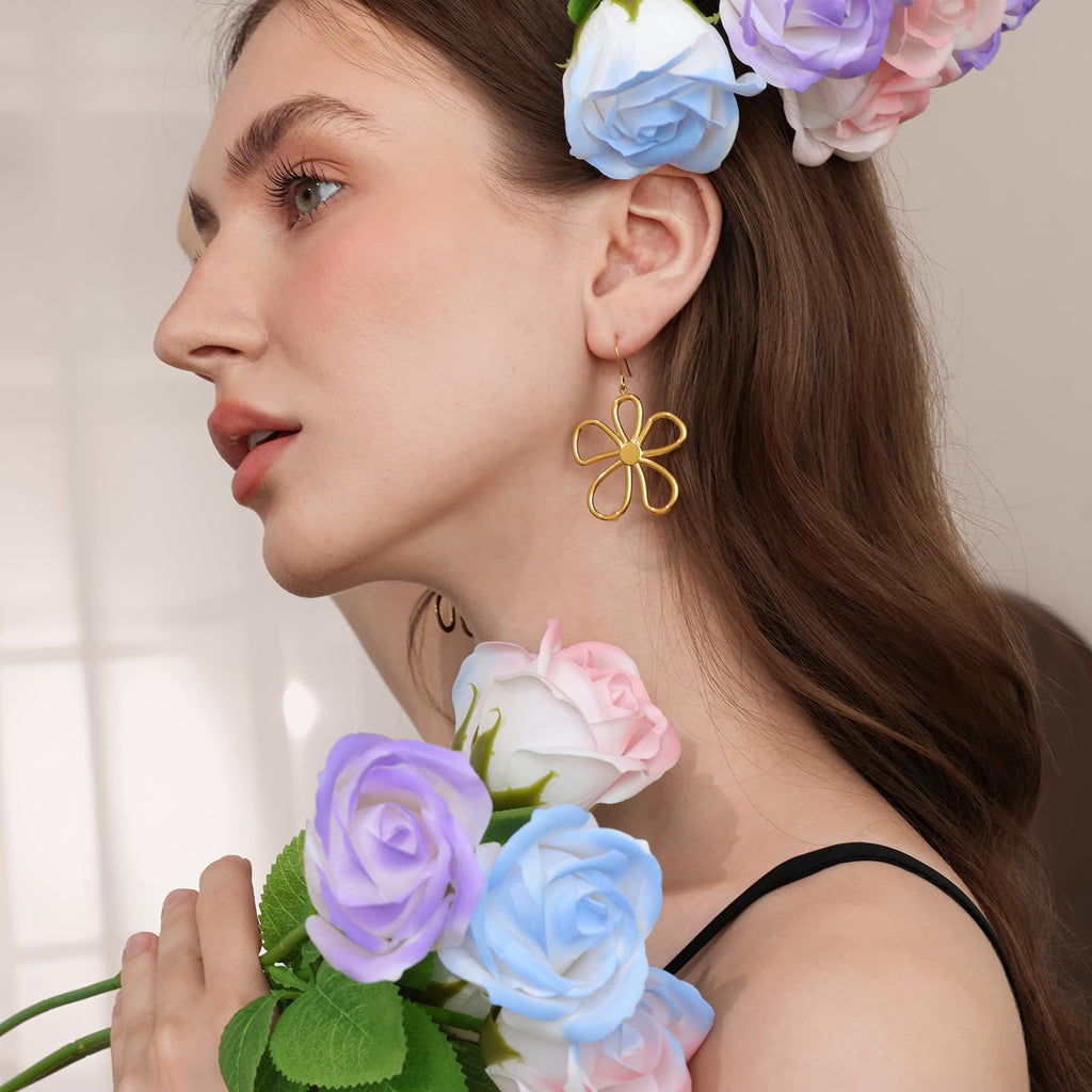 Hpoewre Gold Flower Statement Earrings for Women, Large Chunky Bohomian Summer Beach Floral Earring, Irregular Bold Exaggerated Earrings (Flower 7)