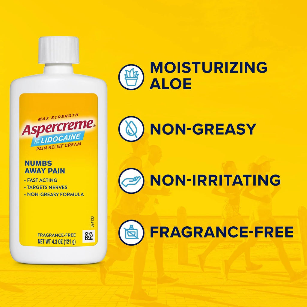 Aspercreme Lidocaine Pain Relief Cream Soothes Aggravated Nerves, Numbing Topical Analgesic with Max-Strength 4% Lidocaine & Moisturizing Aloe, 4.3 Oz., 2 pk