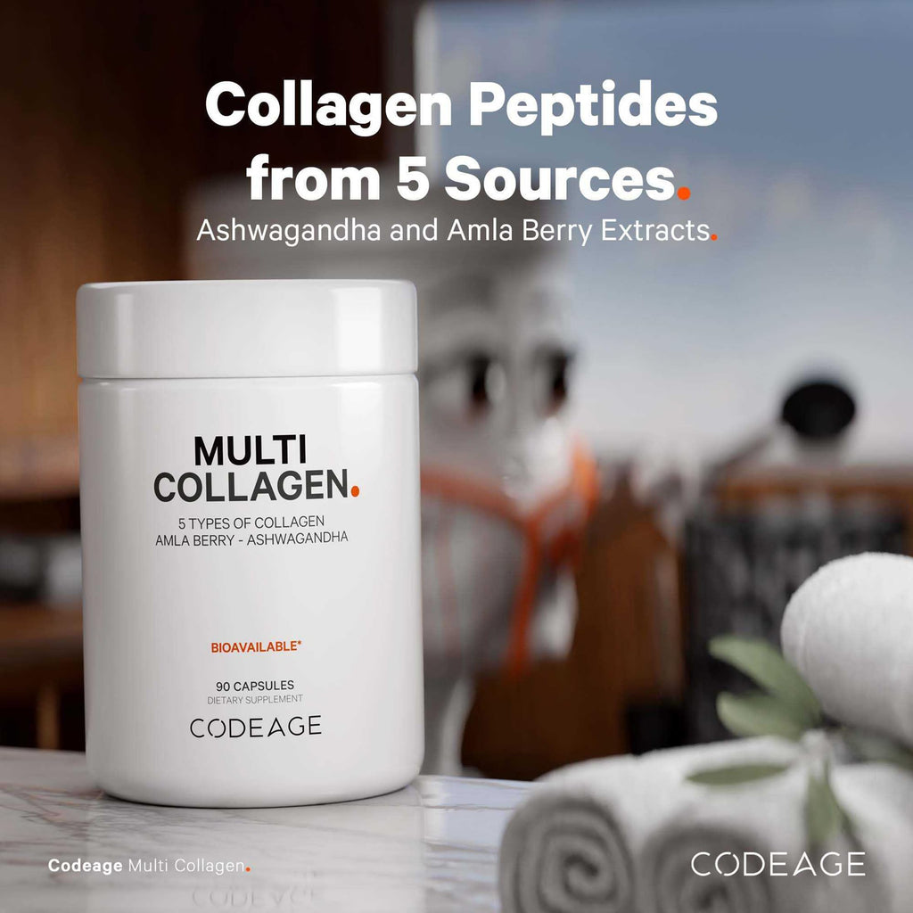 Codeage Multi Collagen Peptides Protein Capsules, 5 Collagen Types, Grass-Fed & Hydrolyzed Bovine Collagen Pills Supplement, Ashwagandha, Amla Berry Vitamins, Collagen Peptides - 90 Capsules